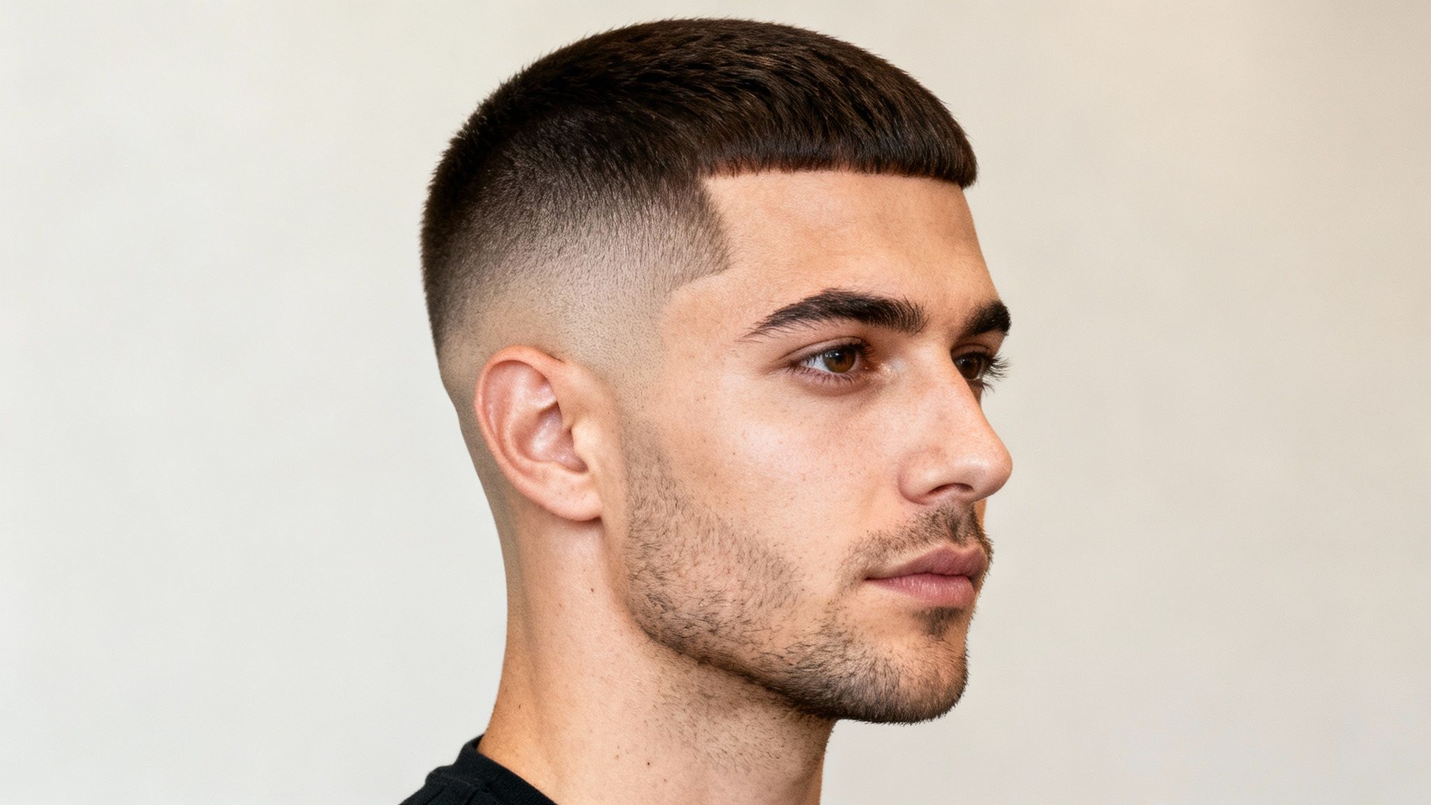 Hombre joven con corte de pelo moderno, flequillo recto y degradado lateral, mirando a la derecha.