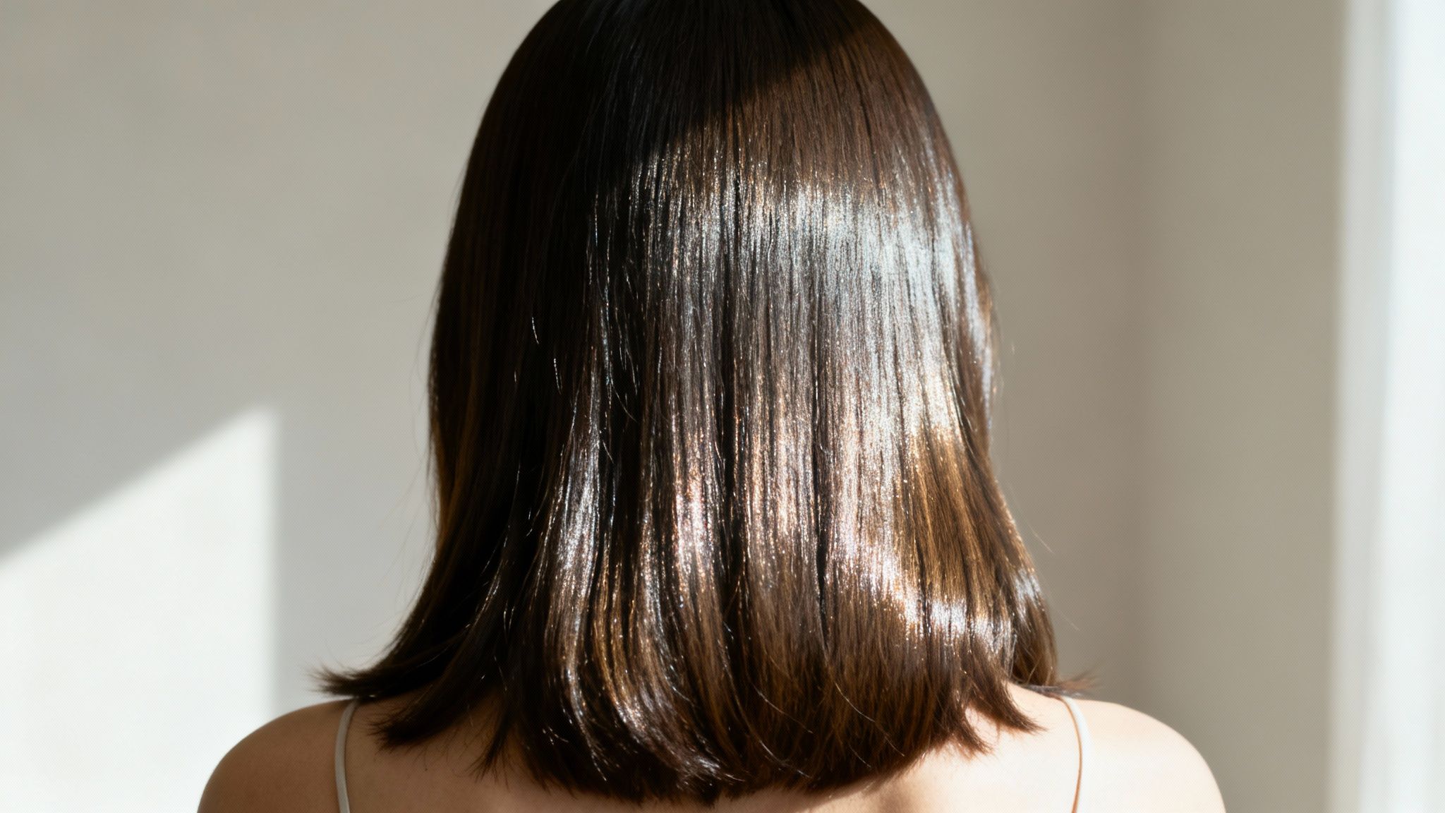 Cabello castaño oscuro y brillante de una persona, visto desde atrás, con un aspecto saludable.