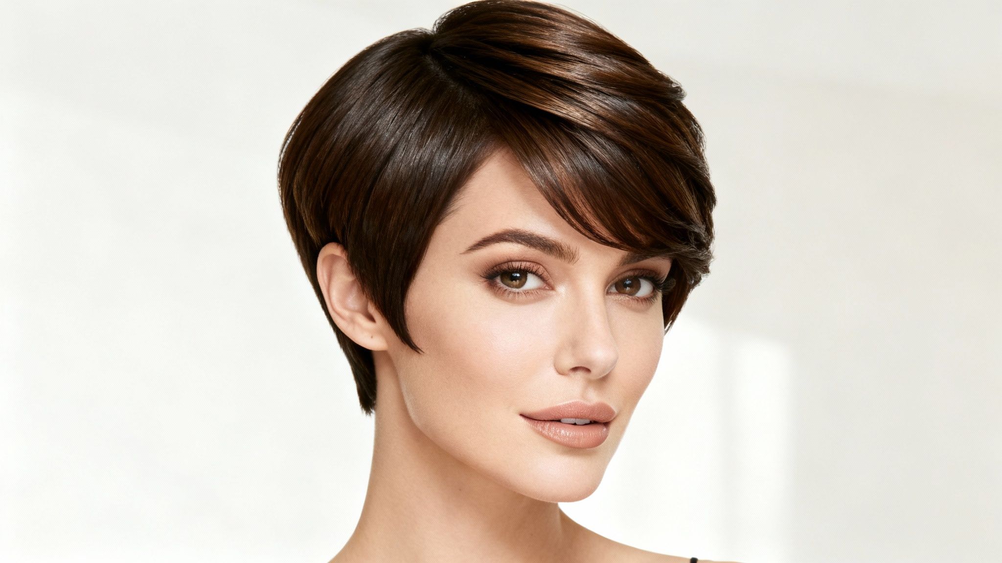 Mujer con elegante corte de pelo pixie castaño oscuro y maquillaje natural, mirando a cámara.