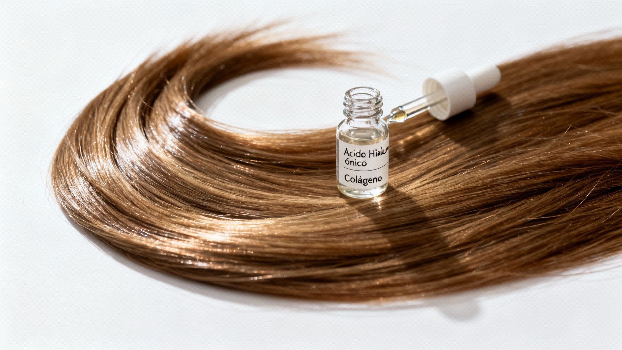 Un vial de tratamiento capilar con ácido hialurónico y colágeno sobre un mechón de cabello castaño brillante.