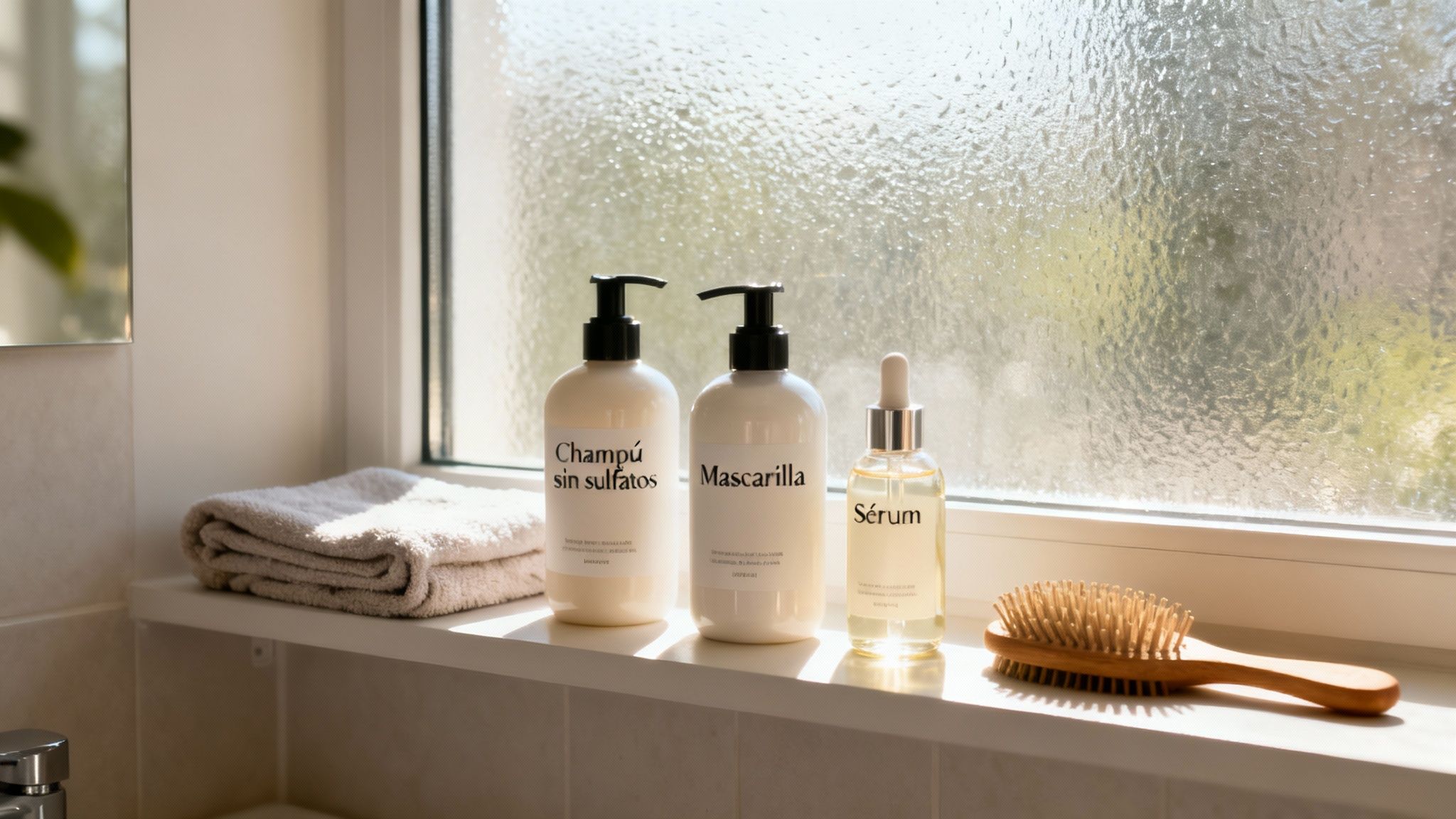 Productos de cuidado capilar como champú, mascarilla y sérum con un cepillo en un estante de baño.