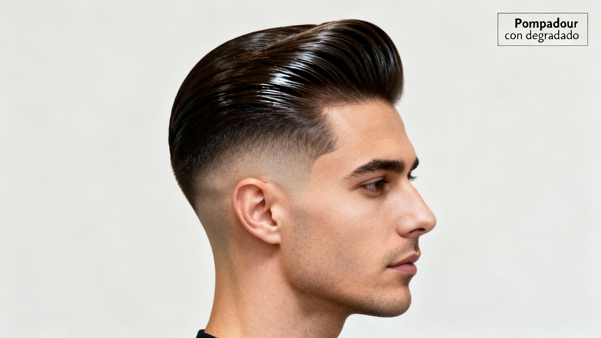 Joven con un corte de pelo pompadour y degradado, de perfil, con cabello brillante.