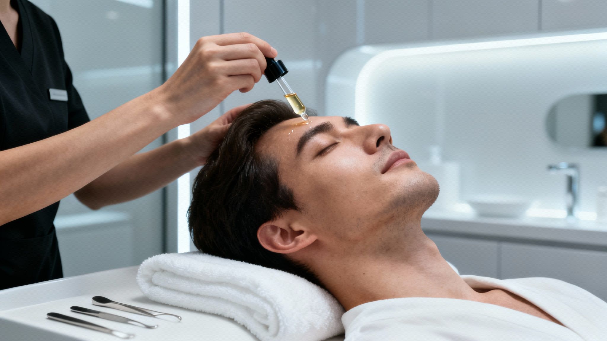 Hombre relajado recibiendo tratamiento facial con suero aplicado por esteticista. Bienestar y cuidado de la piel.