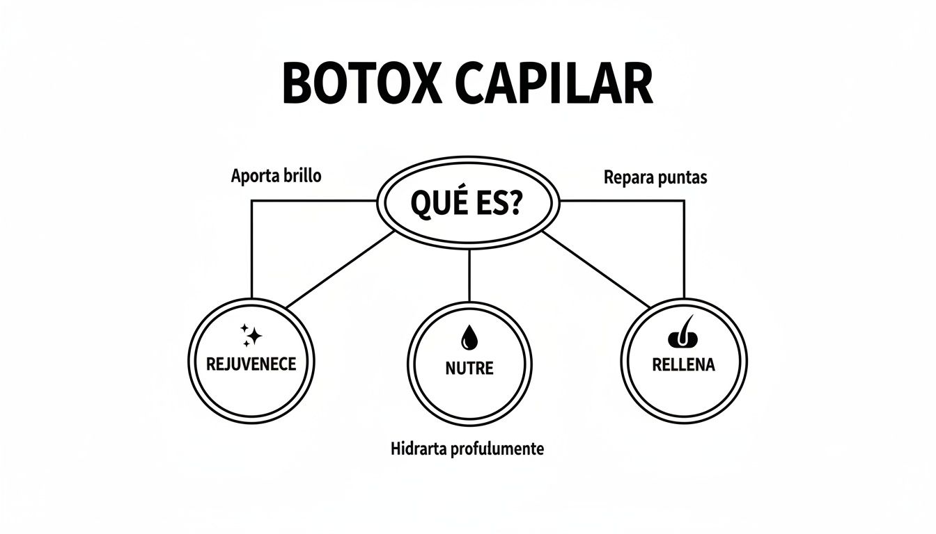 Diagrama que explica qué es el Botox Capilar, destacando sus beneficios: rejuvenece, nutre e hidrata el cabello.