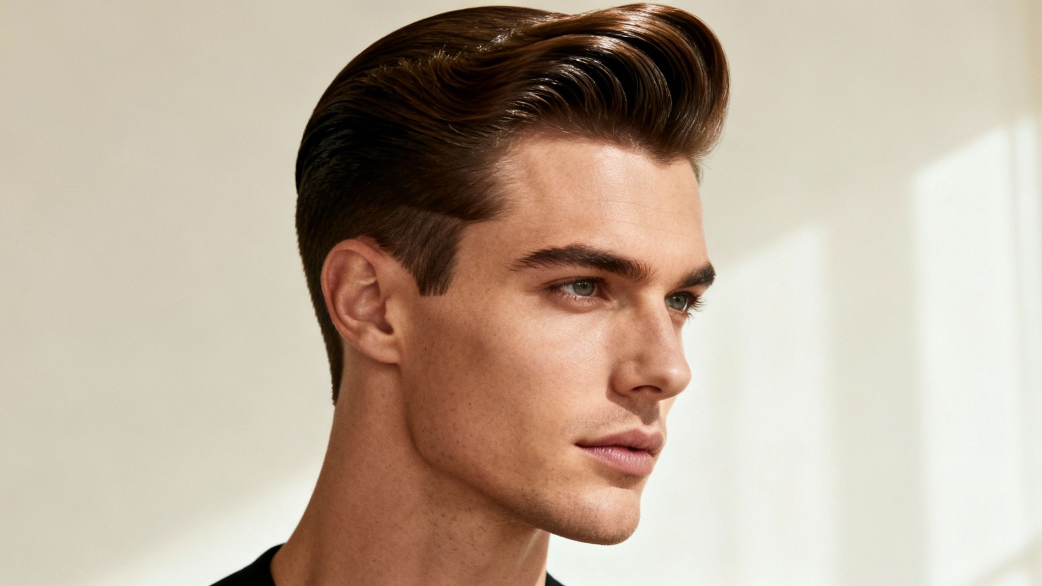 Hombre con un peinado moderno y voluminoso estilo pompadour, mirando a la derecha con tez limpia.