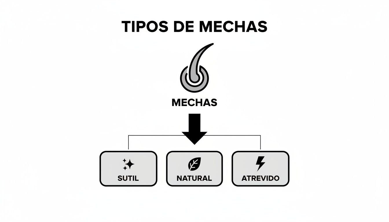 Diagrama que muestra los tipos de mechas: sutil, natural y atrevido, con iconos representativos.