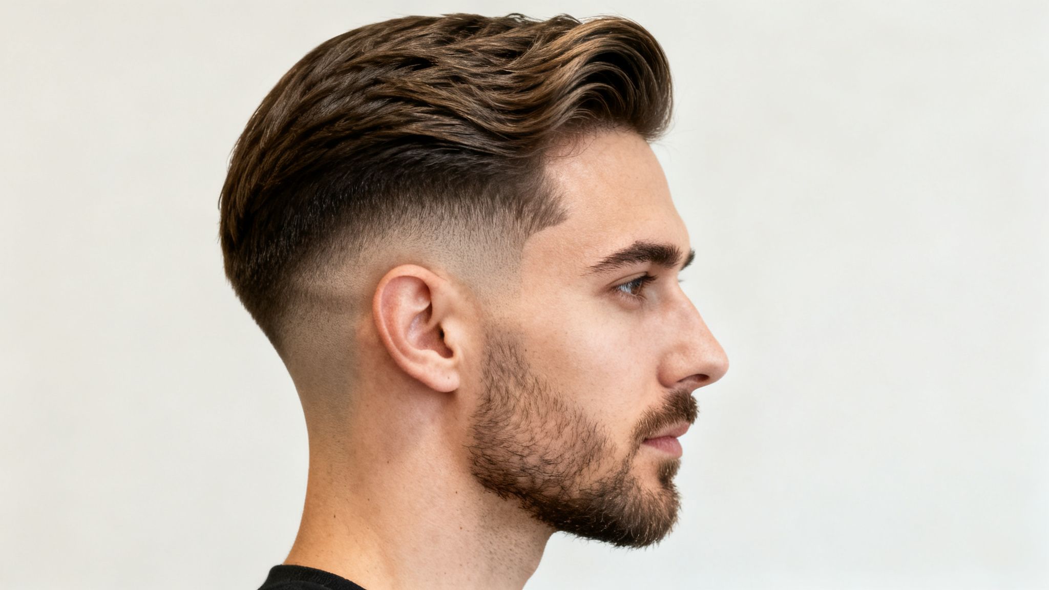 Perfil de un hombre joven con un corte de pelo degradado moderno y barba, cabello castaño ondulado.