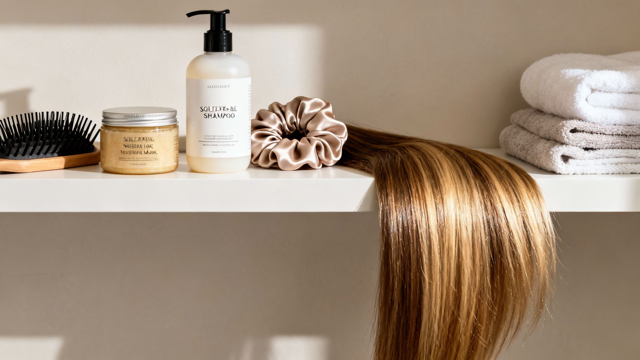 Productos para el cuidado del cabello en un estante blanco con champú, mascarilla, cepillo, toallas y mechas babylights.