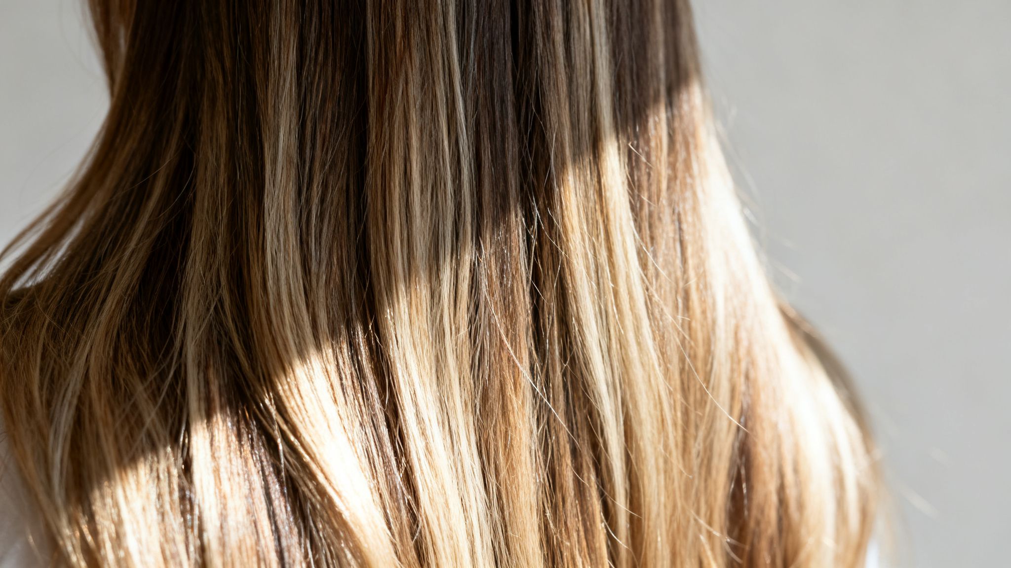 Primer plano del cabello largo con mechas rubias y castañas, mostrando contrastes de luz y sombra.