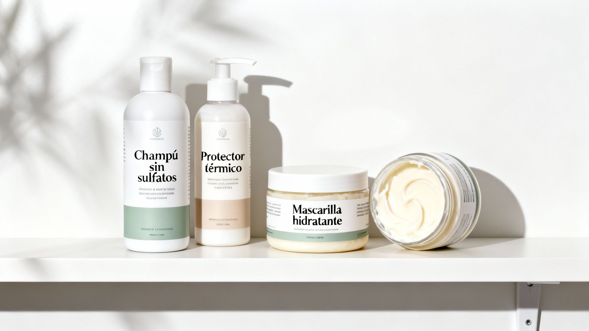 Productos de cuidado capilar: champú sin sulfatos, protector térmico y mascarilla hidratante en estante blanco.