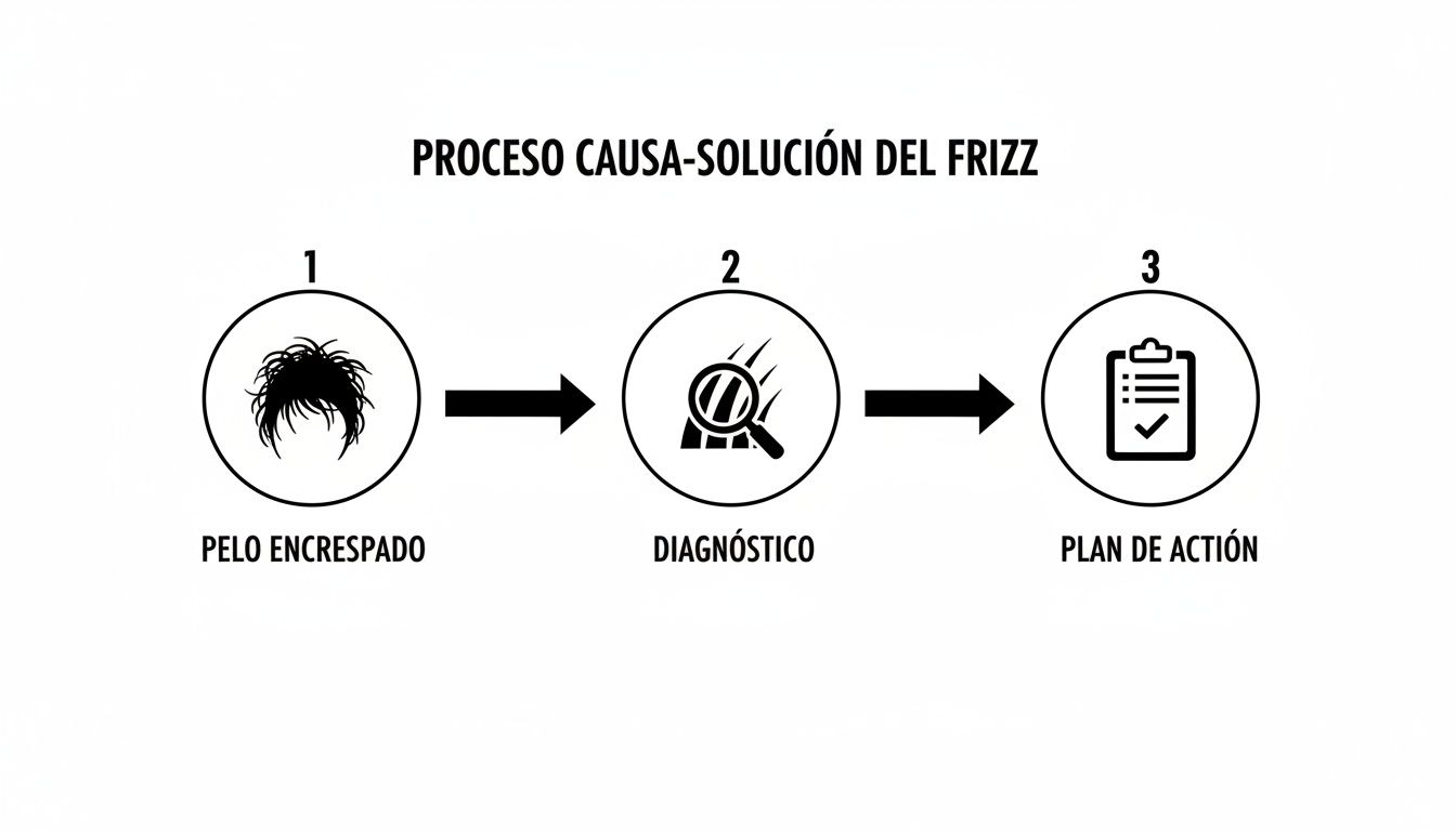 Diagrama del proceso de solución para el frizz: pelo encrespado, diagnóstico y plan de acción.