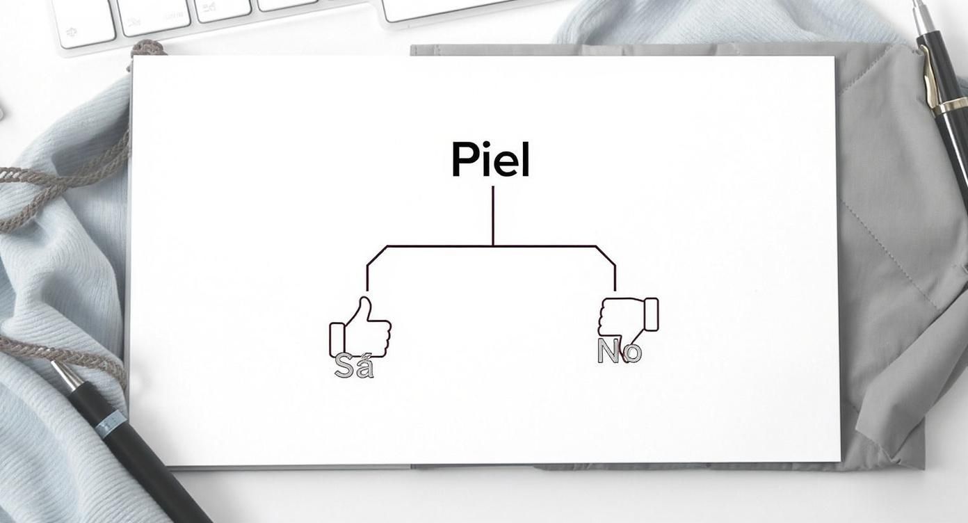 Diagrama de flujo sencillo sobre la piel con opciones 'Sí' y 'No', presentado en un papel sobre un escritorio.
