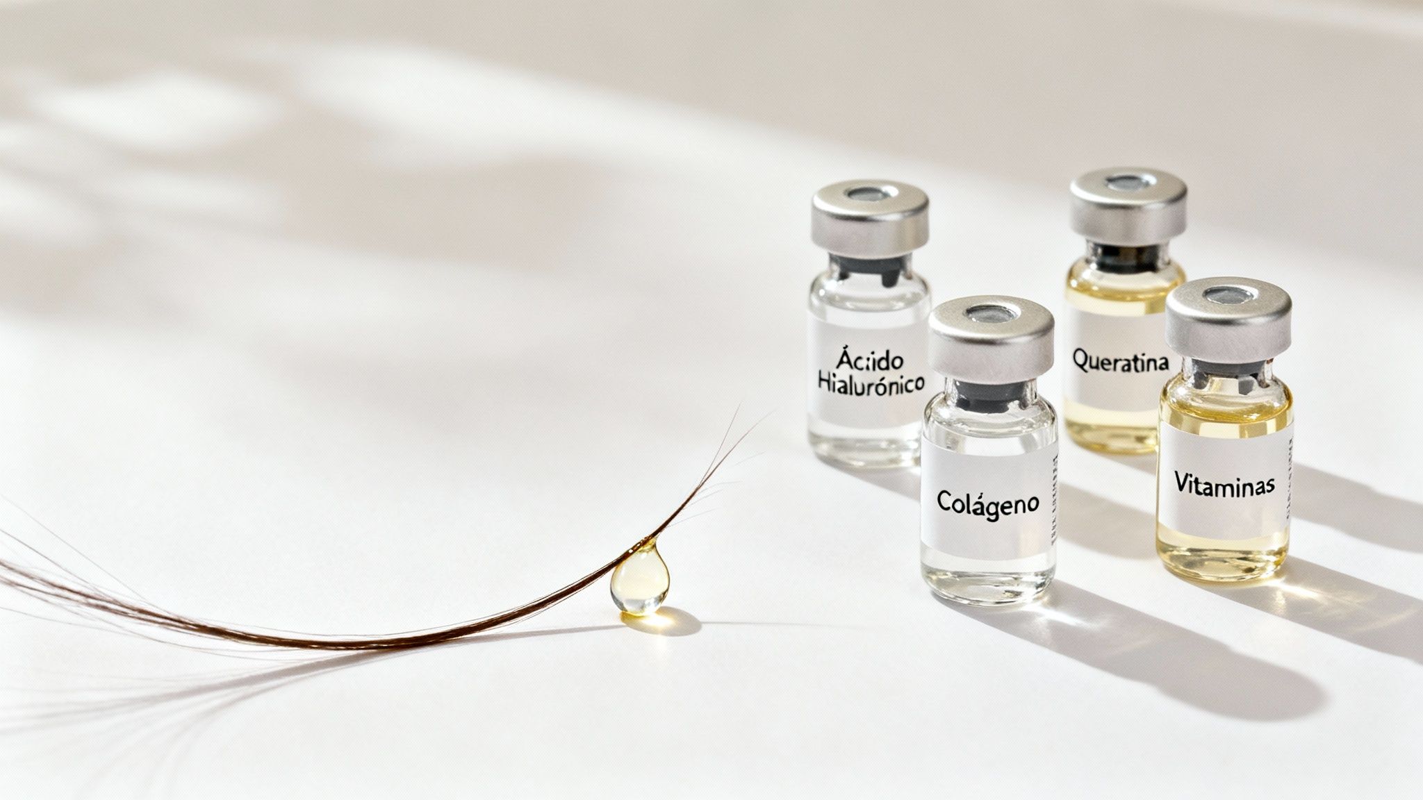 Viales de tratamiento capilar con ácido hialurónico, colágeno, queratina y vitaminas, junto a un cabello.