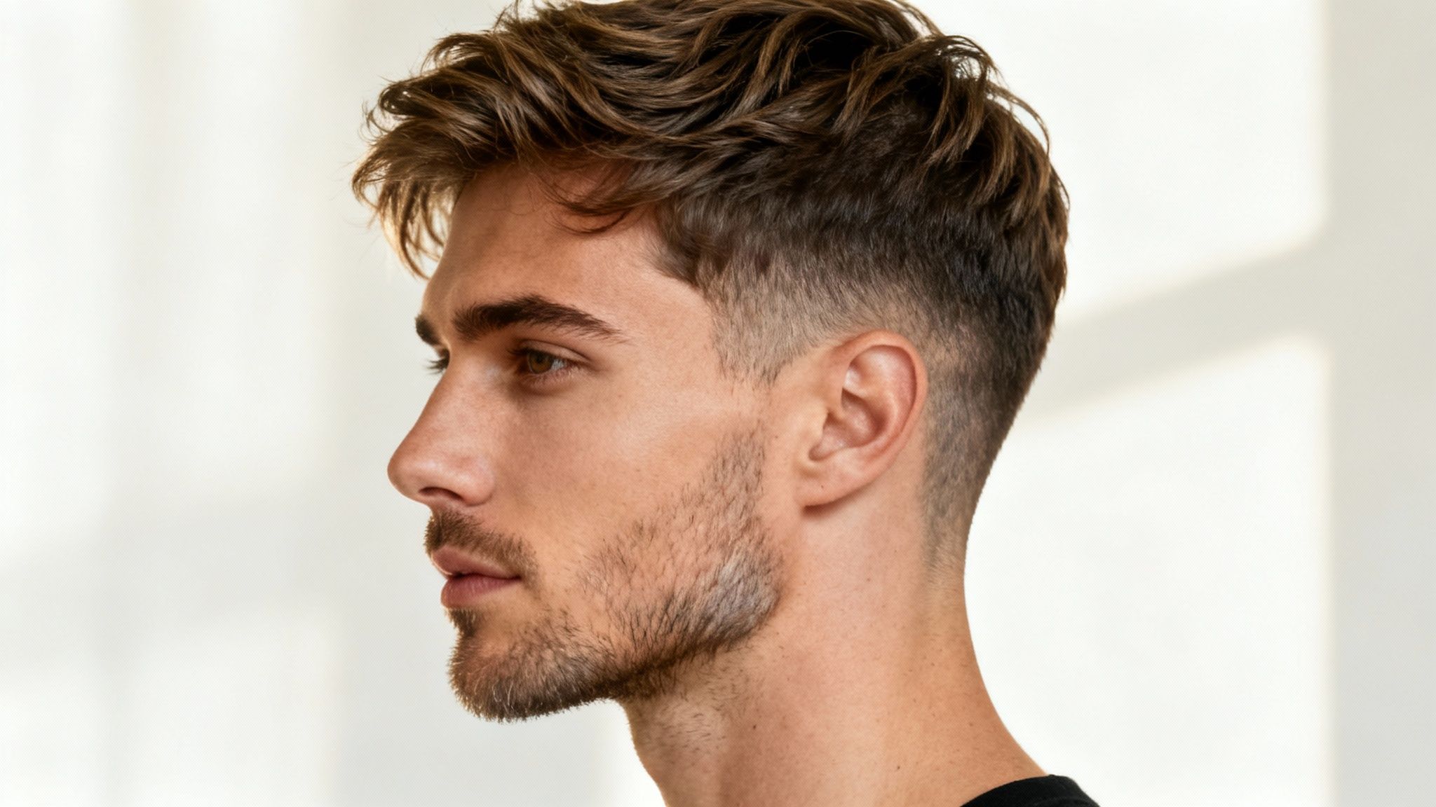 Perfil de un hombre joven con cabello castaño ondulado y un corte de pelo moderno con lados desvanecidos y barba corta. Mira hacia la izquierda.