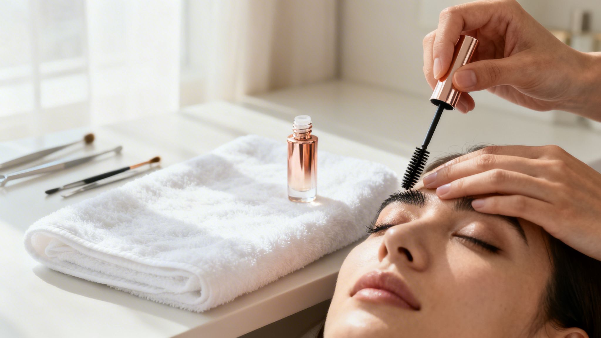 Manos expertas cepillando las cejas de una mujer con productos y herramientas de belleza, ambiente relajante.