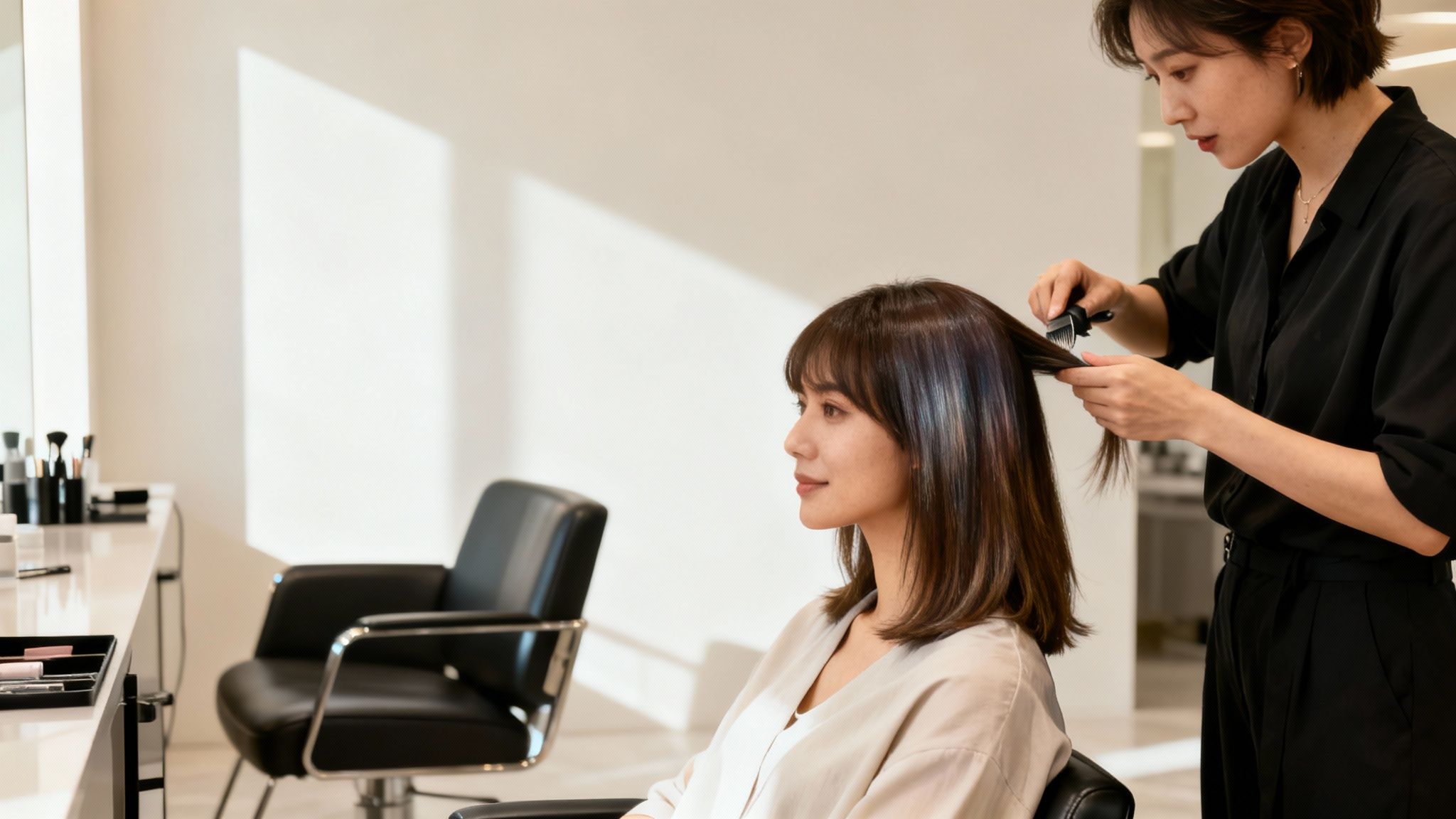Estilista profesional peinando y aplicando un tratamiento de color en el cabello de una clienta sonriente.