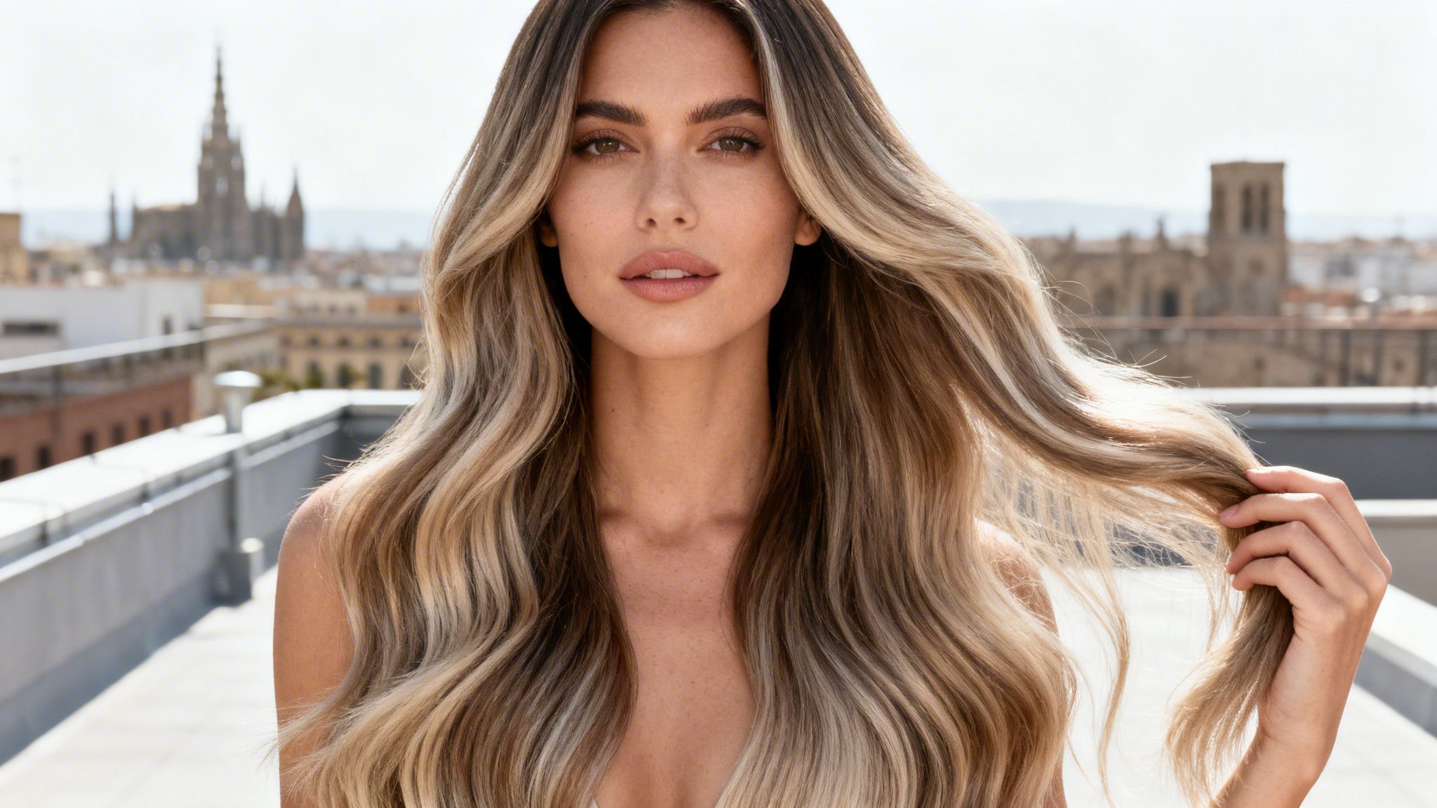 Mujer con cabello largo y ondulado, destacando extensiones de pelo, en una azotea de Barcelona.