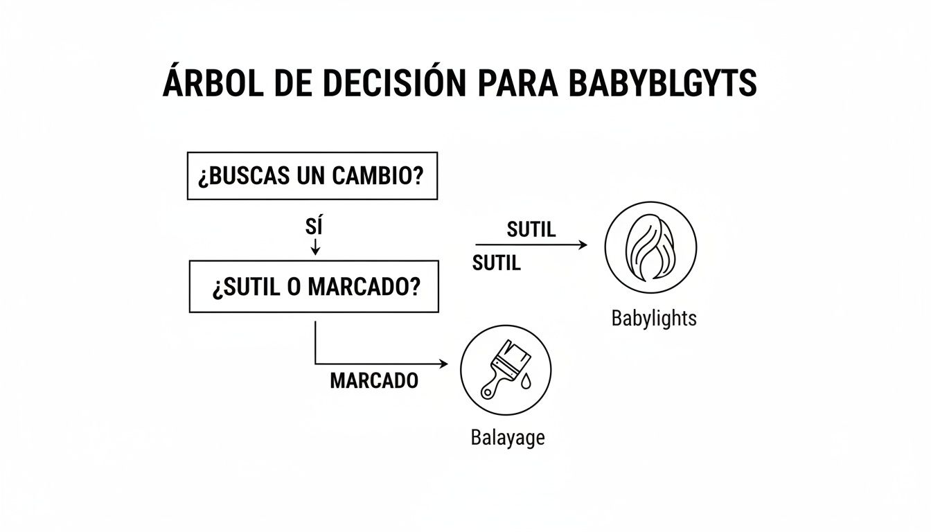 Diagrama de flujo para elegir entre Babylights y Balayage según el cambio deseado.