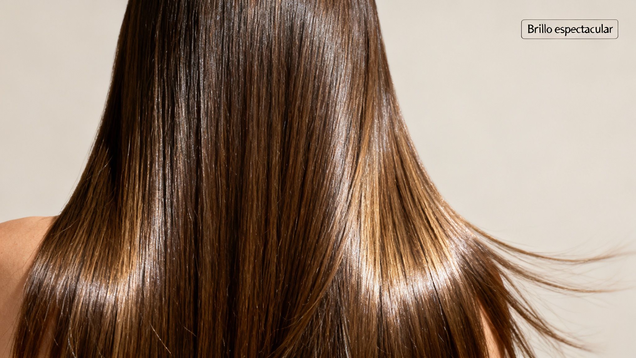 Pelo castaño largo y brillante de mujer, con reflejos y puntas sedosas, mostrando "Brillo espectacular".
