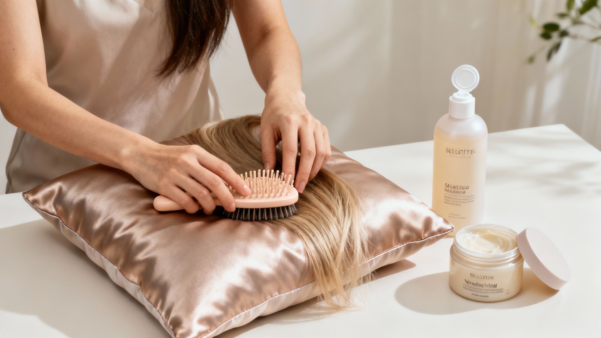 Mujer cepillando extensiones de cabello rubio sobre almohada de satén con productos capilares profesionales
