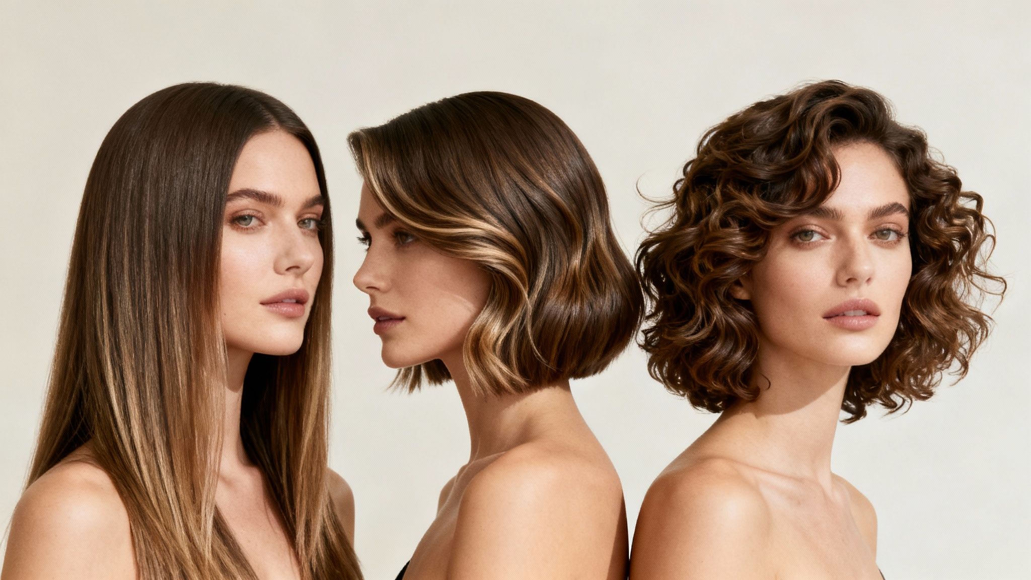 Tres mujeres mostrando diferentes tipos de cabello: lacio, ondulado medio y rizado voluminoso