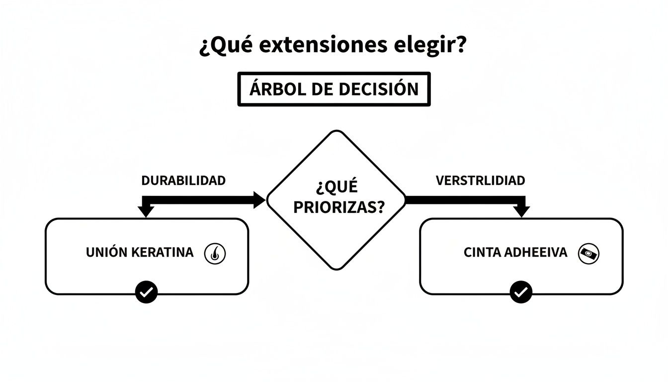 Árbol de decisión para elegir extensiones de pelo: priorizar durabilidad (unión keratina) o versatilidad (cinta adhesiva).