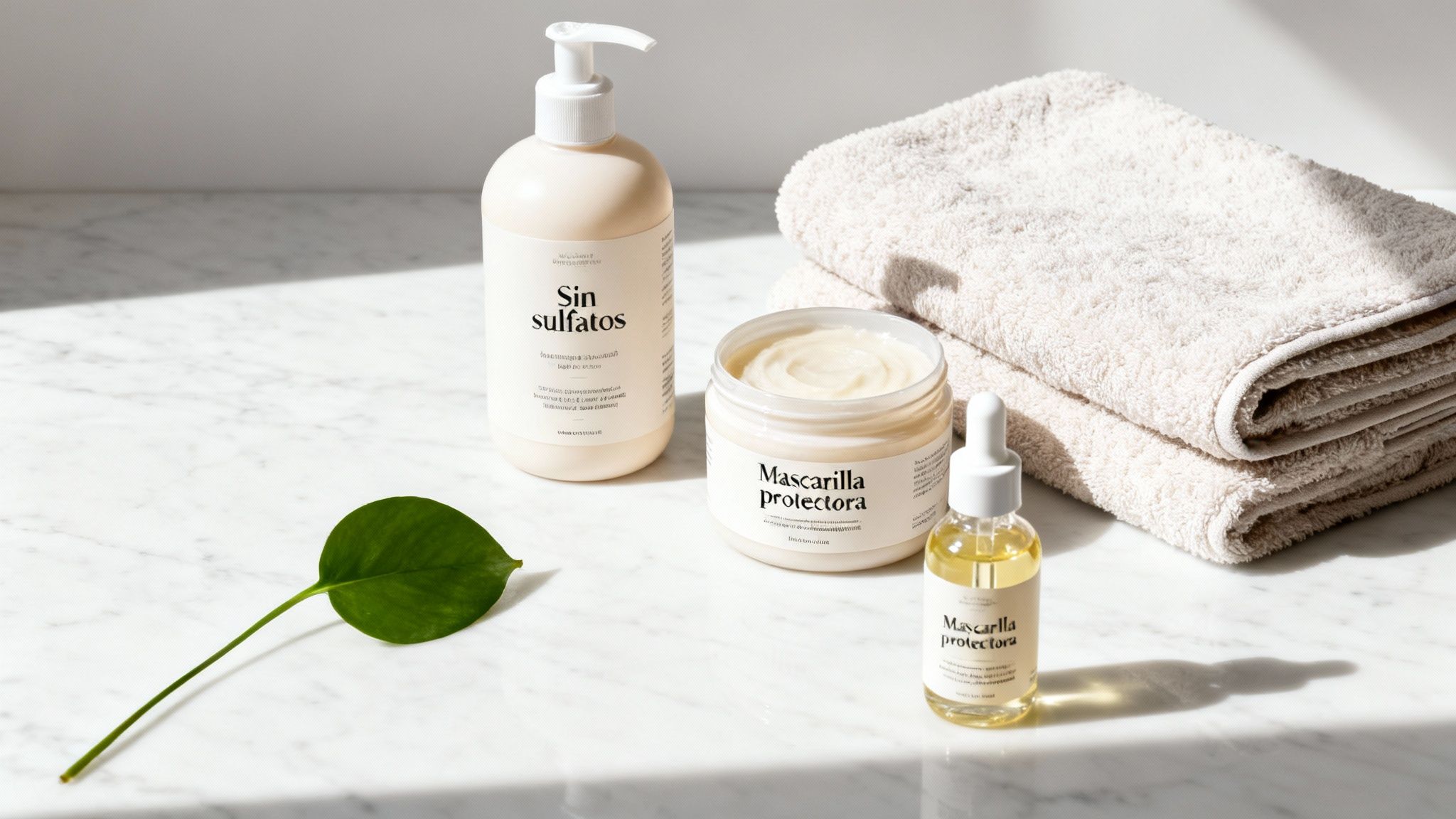 Productos de cuidado capilar con champú sin sulfatos, mascarilla protectora, aceite, toallas beige y hoja verde sobre mármol.
