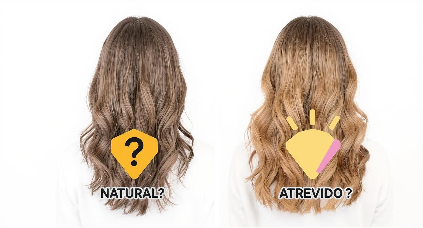 Dos estilos de cabello ondulado vistos desde atrás: uno natural castaño oscuro y otro atrevido rubio claro con balayage.