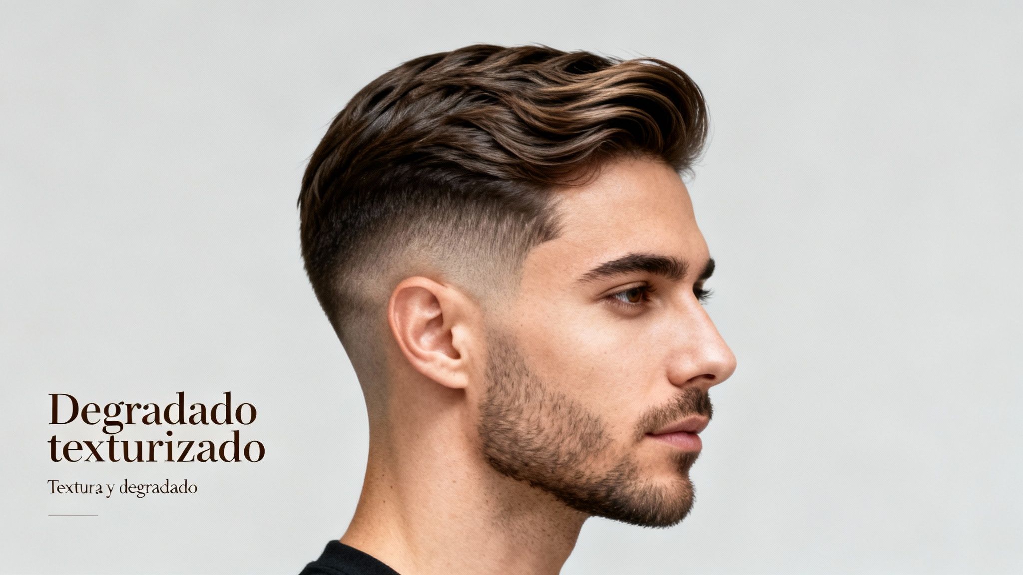 Joven con peinado degradado texturizado moderno y barba, mostrando un corte de pelo fresco y elegante.