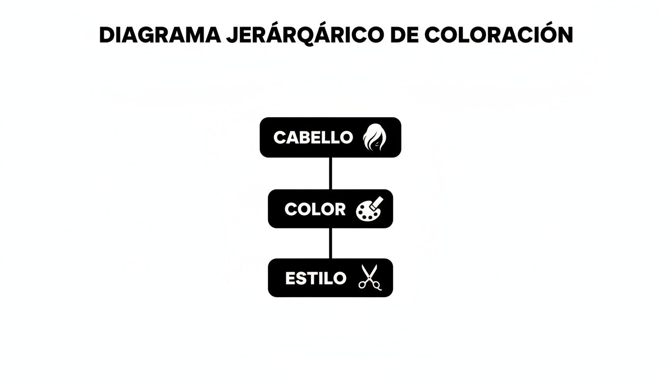 Diagrama jerárquico que muestra las etapas de coloración del cabello: cabello, color y estilo, con iconos.