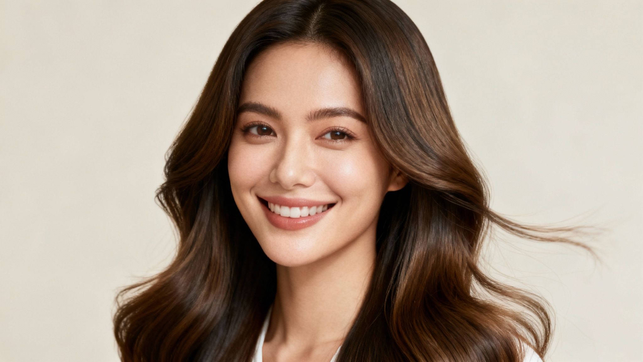 Mujer sonriente con cabello largo castaño ondulado y brillante con extensiones capilares naturales