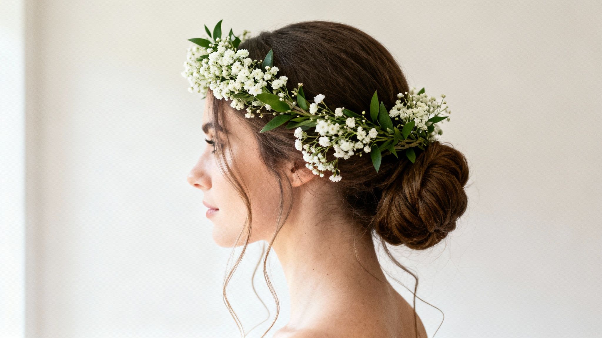Romantic Low Bun with Floral Crown Integration