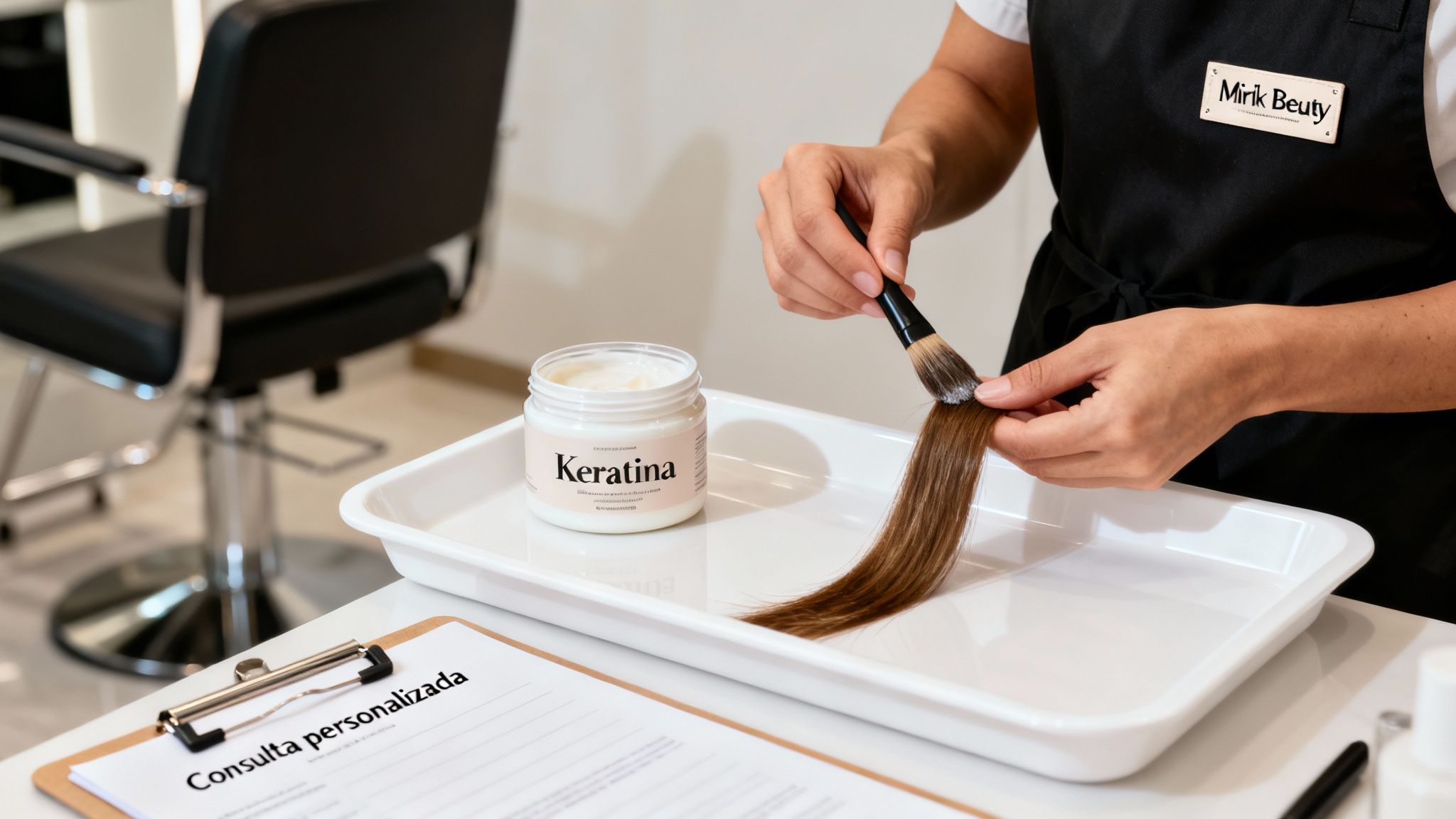 Manos aplicando un tratamiento de keratina a un mechón de pelo en un salón de belleza.