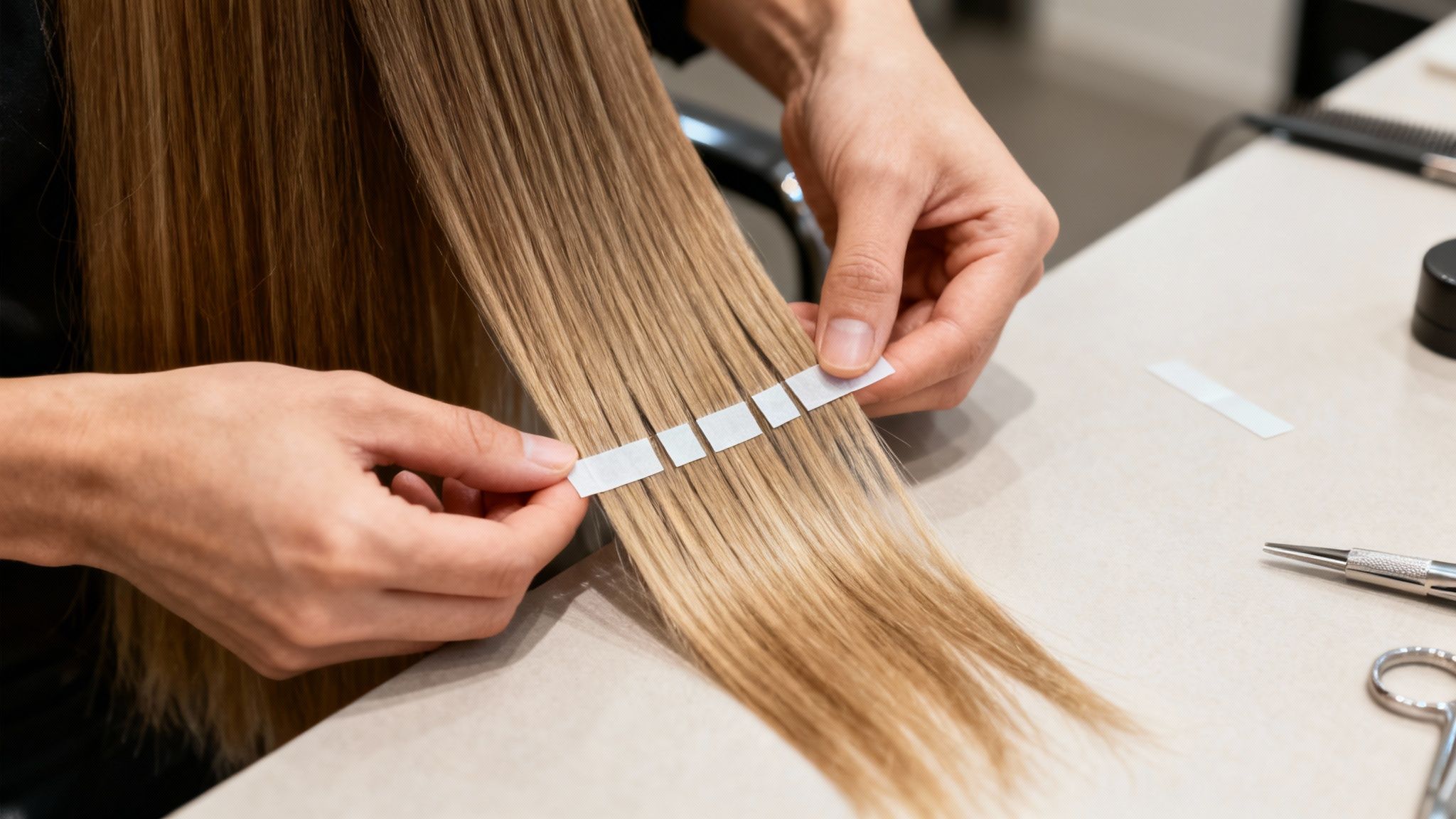 Manos aplicando pequeñas cintas adhesivas en cabello rubio liso para extensiones capilares.