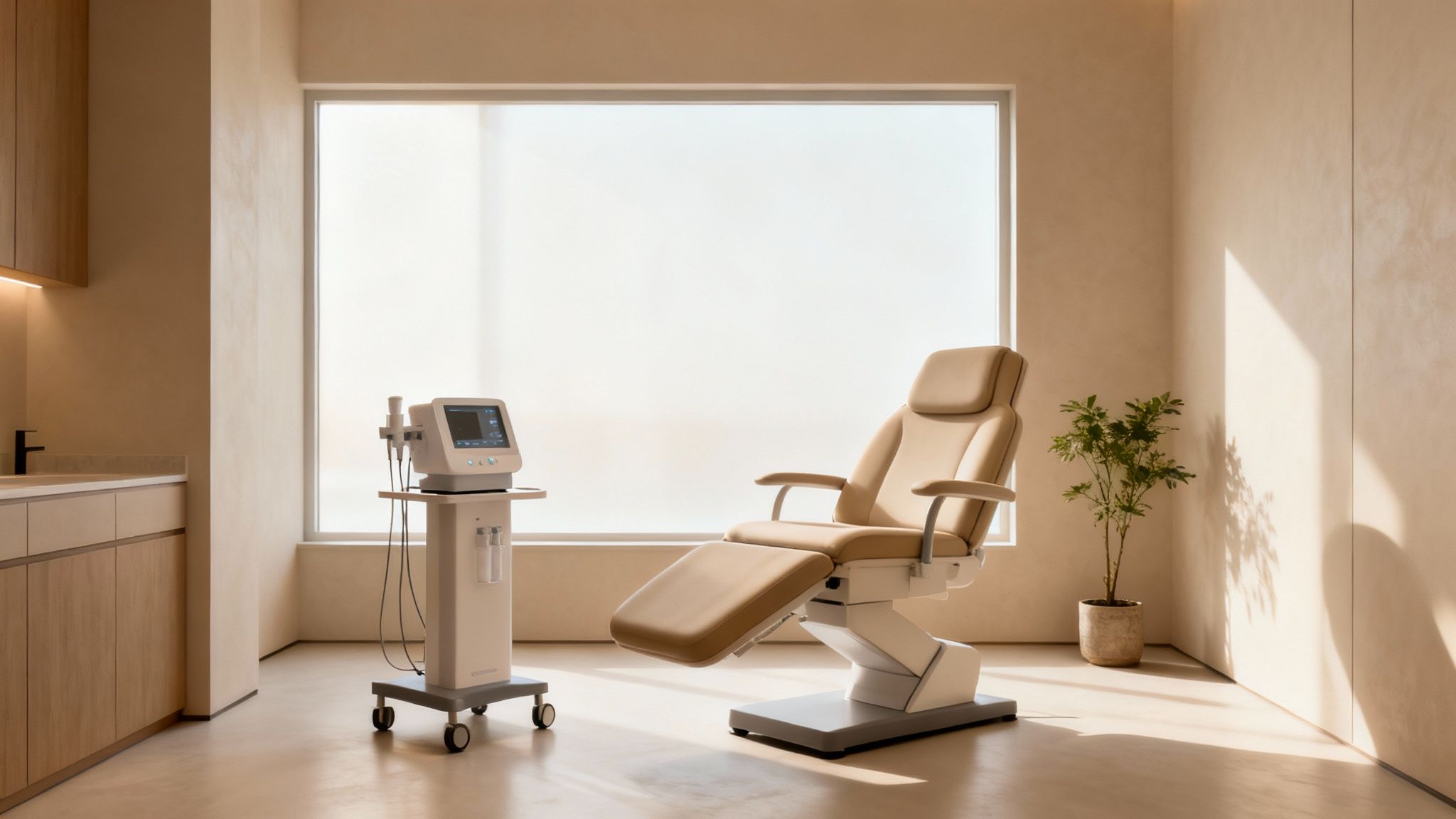 Moderna sala de tratamiento facial con silla beige, equipo médico, lavabo y planta junto a una ventana.