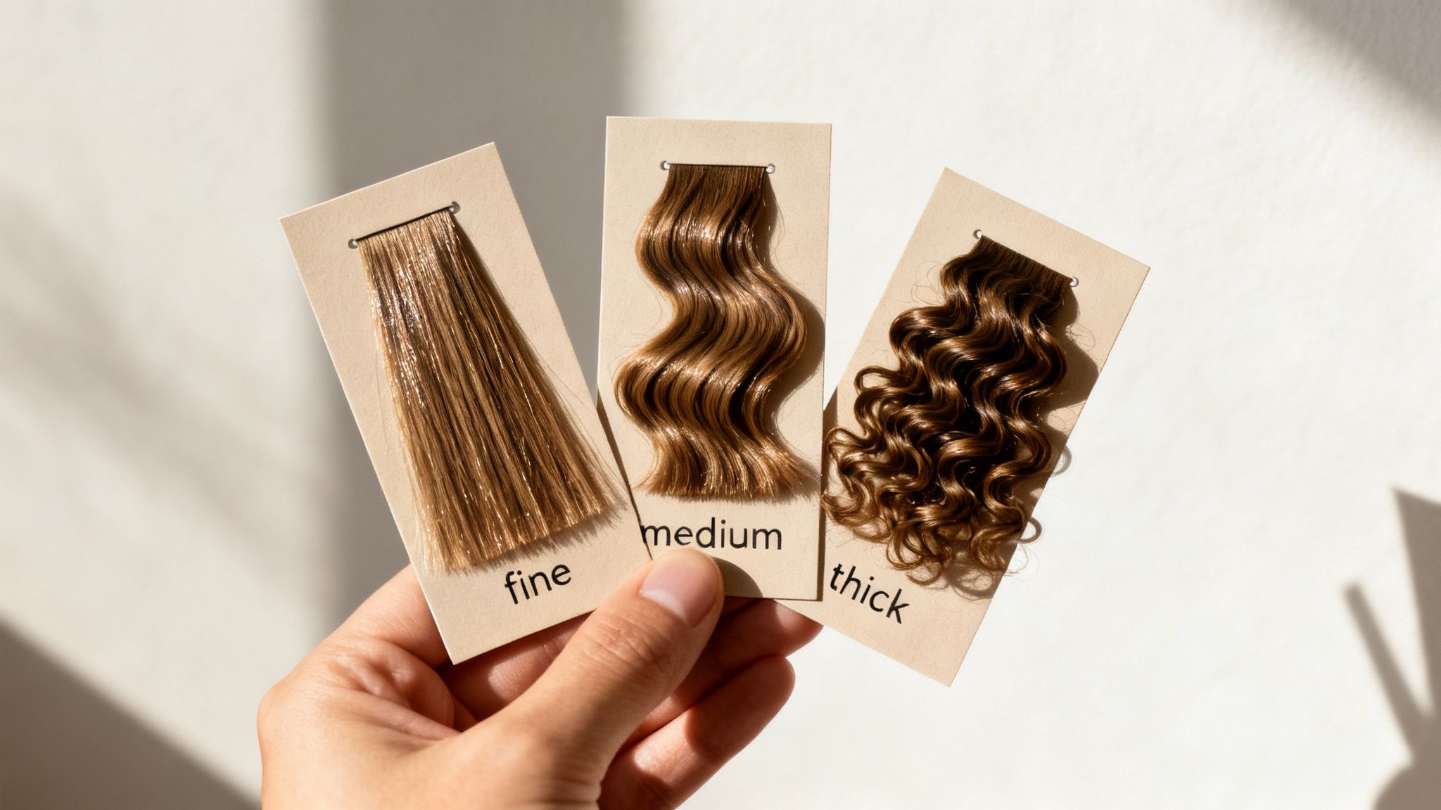 Mano sosteniendo tres muestras de cabello que ilustran texturas fina, media y gruesa para comparación.