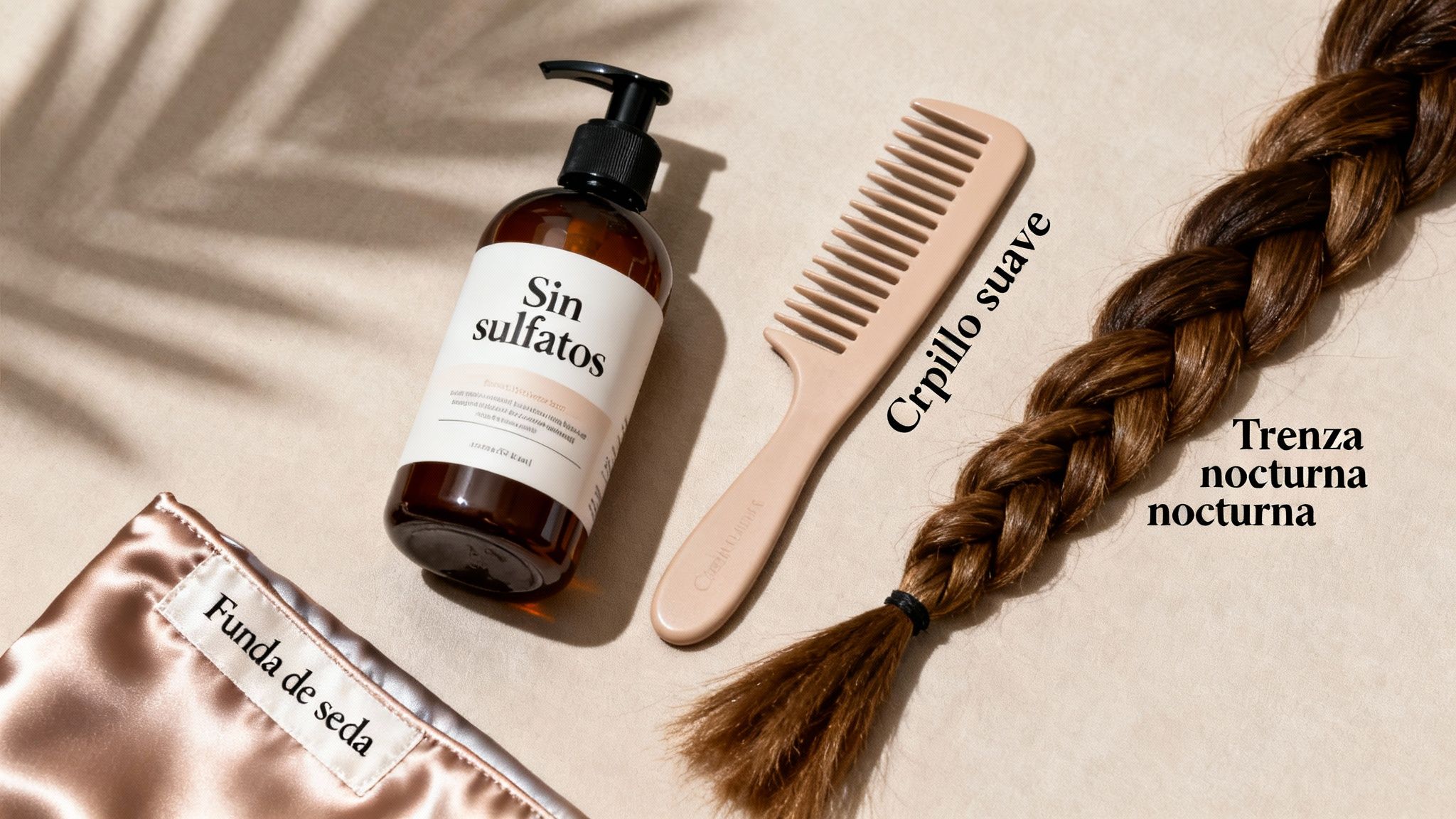 Productos para el cuidado del cabello: champú sin sulfatos, cepillo, trenza nocturna y funda de seda.