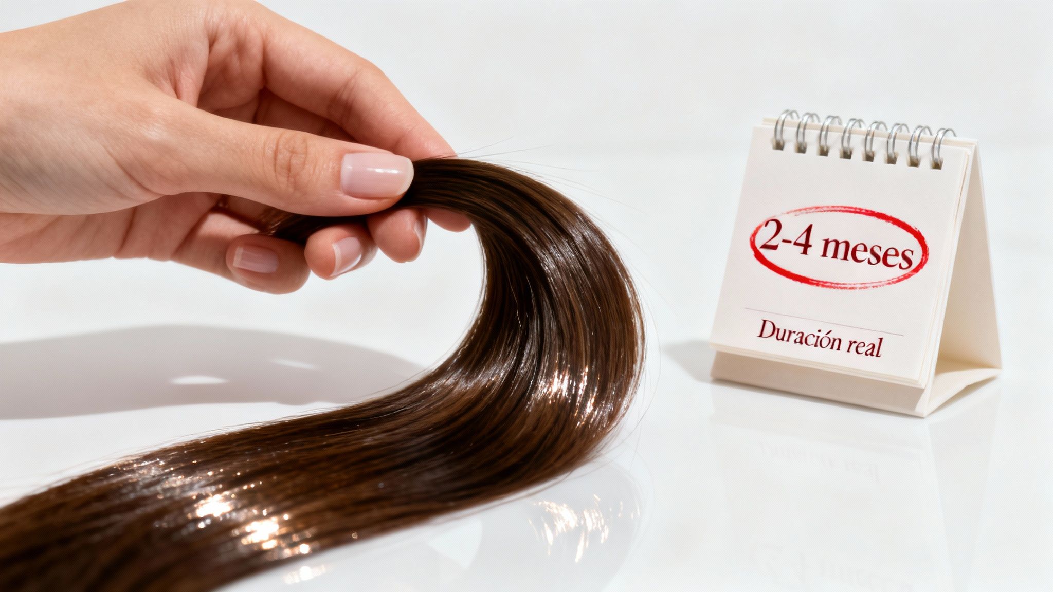Mano sosteniendo un mechón de cabello castaño brillante junto a un calendario con la duración de 2-4 meses.