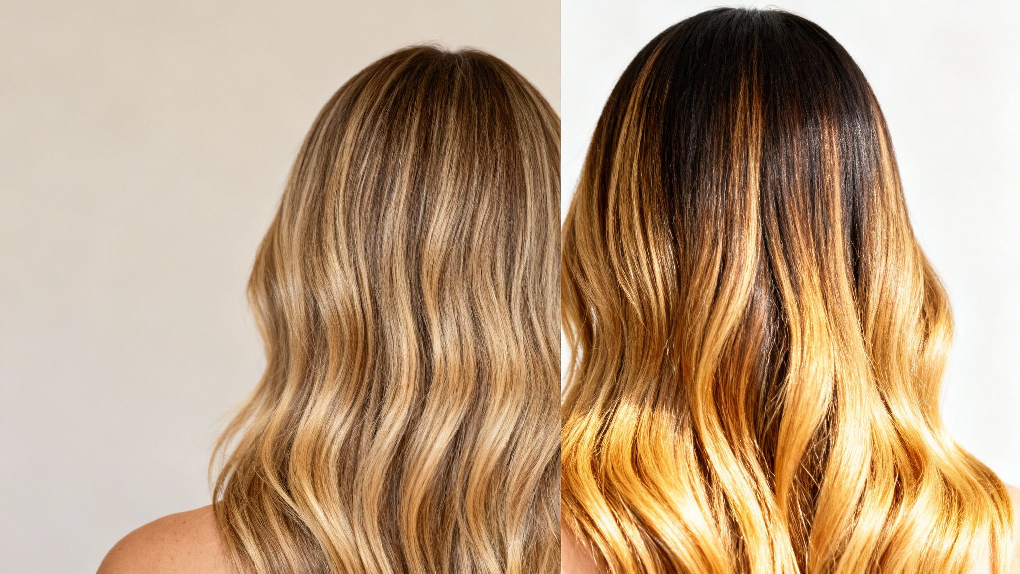 Comparación de dos técnicas de coloración en cabello rubio ondulado: mechas sutiles a la izquierda y californianas a la derecha.