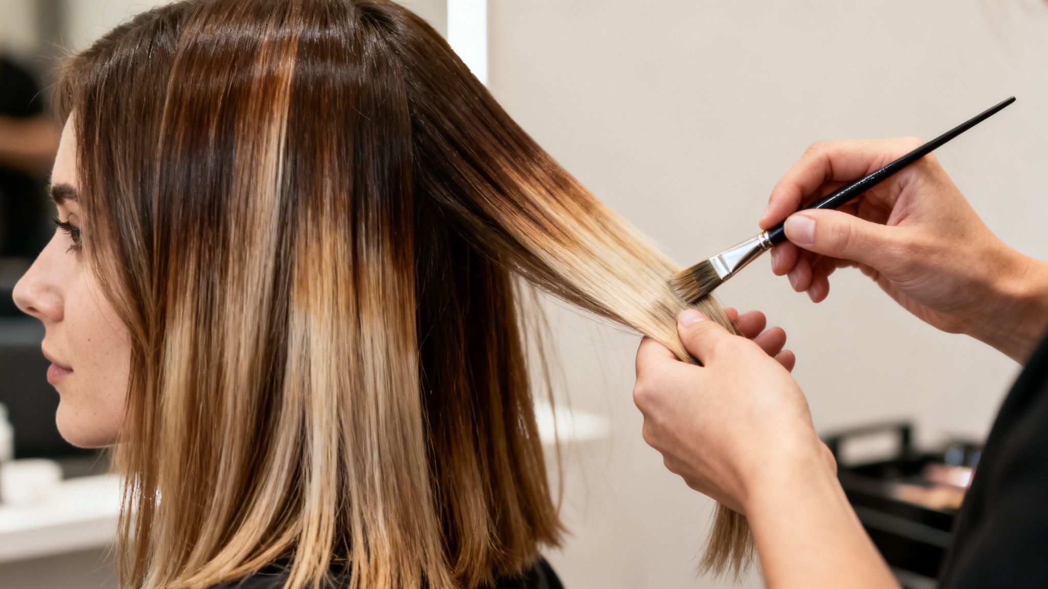 Estilista aplicando tinte rubio o balayage en el cabello castaño de una clienta en un salón.