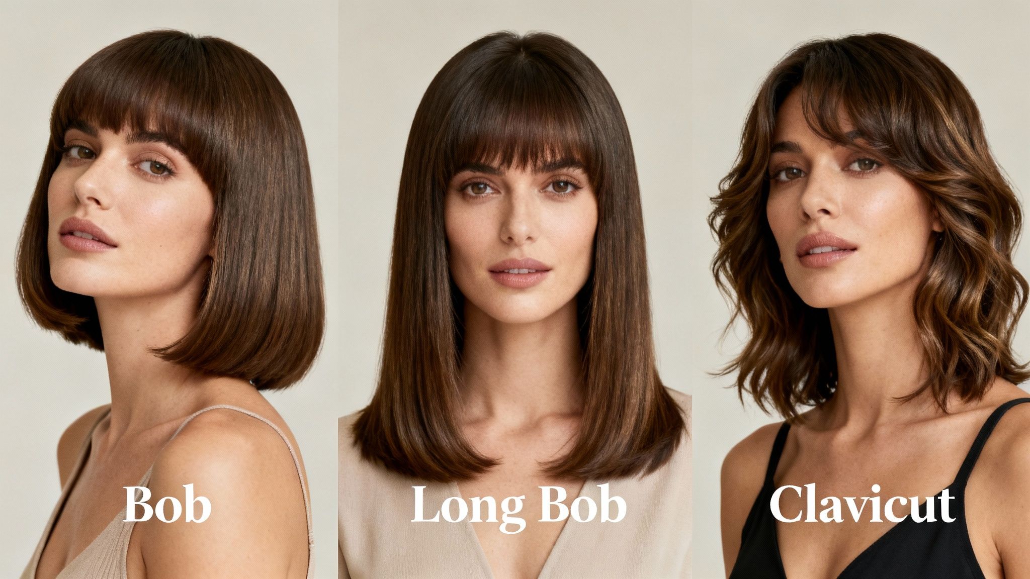 Comparación de cortes de pelo femeninos: Bob liso, Long Bob y Clavicut ondulado, todos con flequillo.