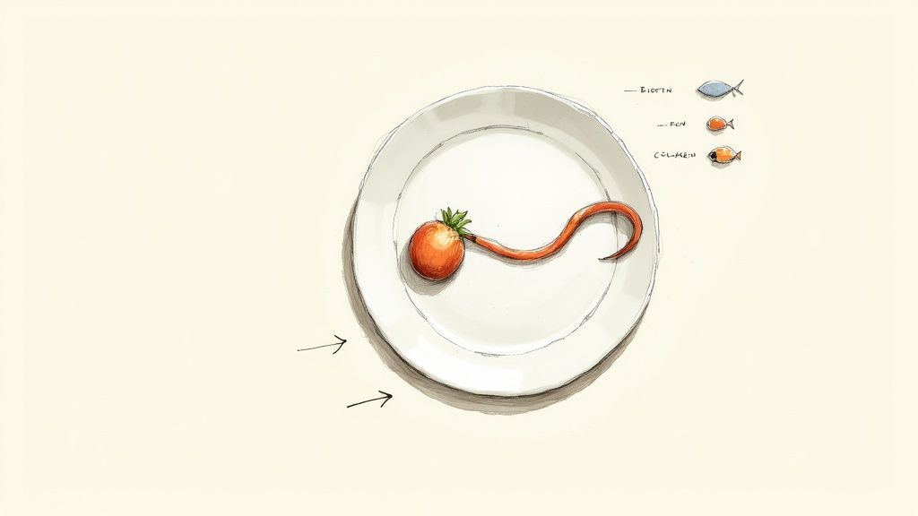 A flat lay of colorful, hair-healthy foods like avocados, berries, nuts, and leafy greens.