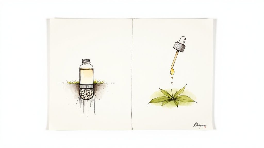 A person holding a supplement capsule in one hand and applying a serum to their face with the other