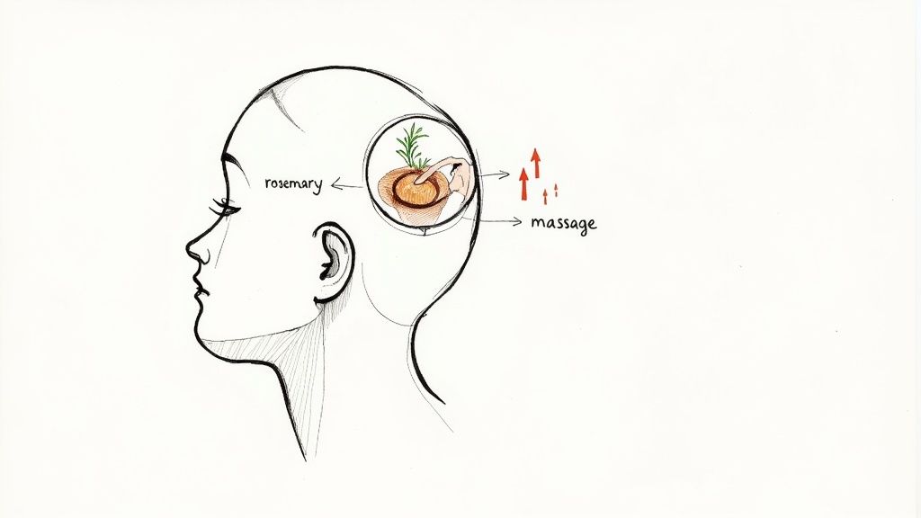 A person applying a serum to their clean scalp with a dropper.