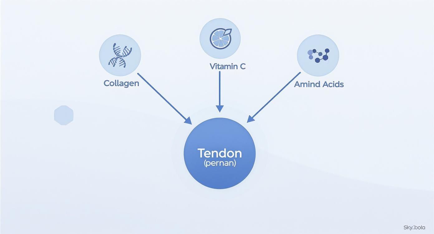 A diagram illustrating collagen, vitamin C, and amino acids as key components for tendon formation.