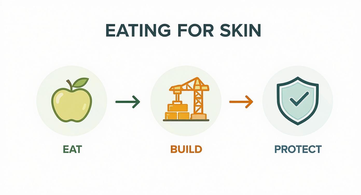 An infographic illustrating 'Eating for Skin' with steps: Eat (apple), Build (crane), and Protect (shield).