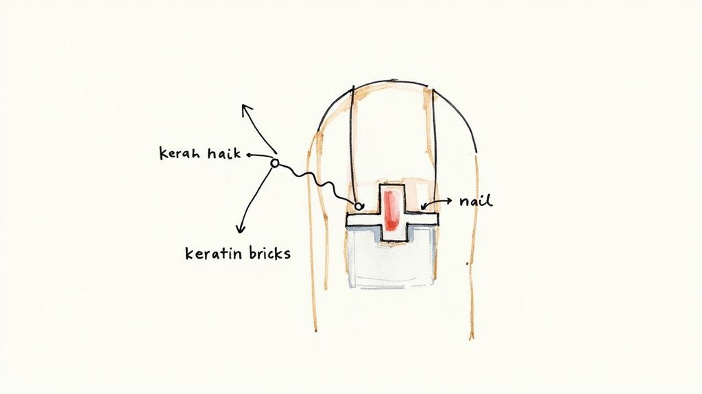 Cross-section diagram of finger nail showing keratin structure, nail bed, and keratin bricks composition