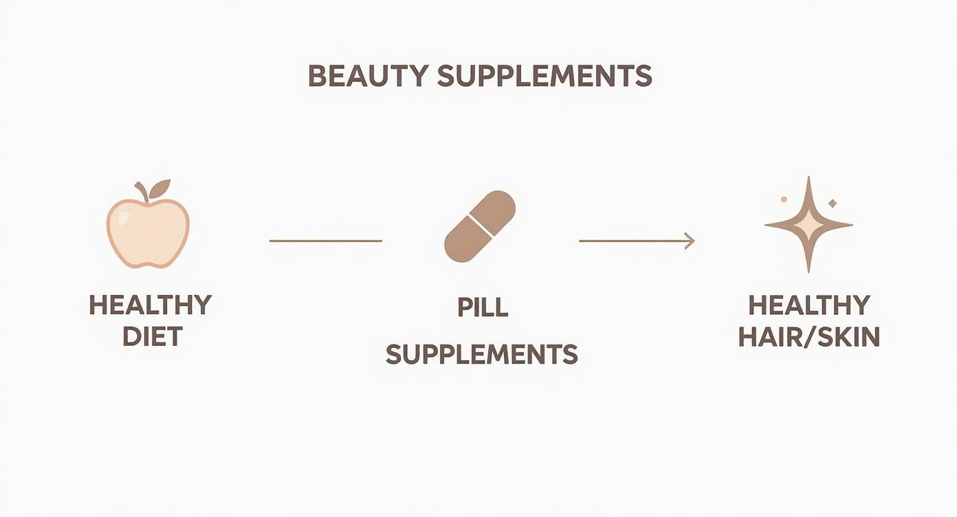 An illustration showing a healthy diet and pill supplements leading to healthy hair and skin, titled 'Beauty Supplements'.