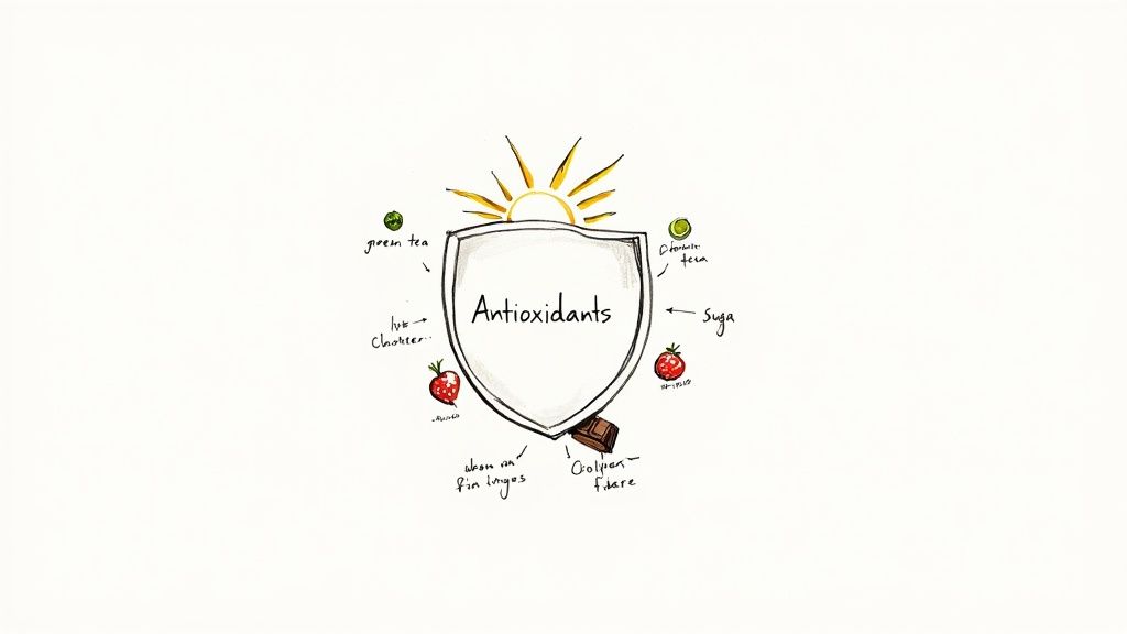 A person shielding their face from the sun, symbolizing protection.