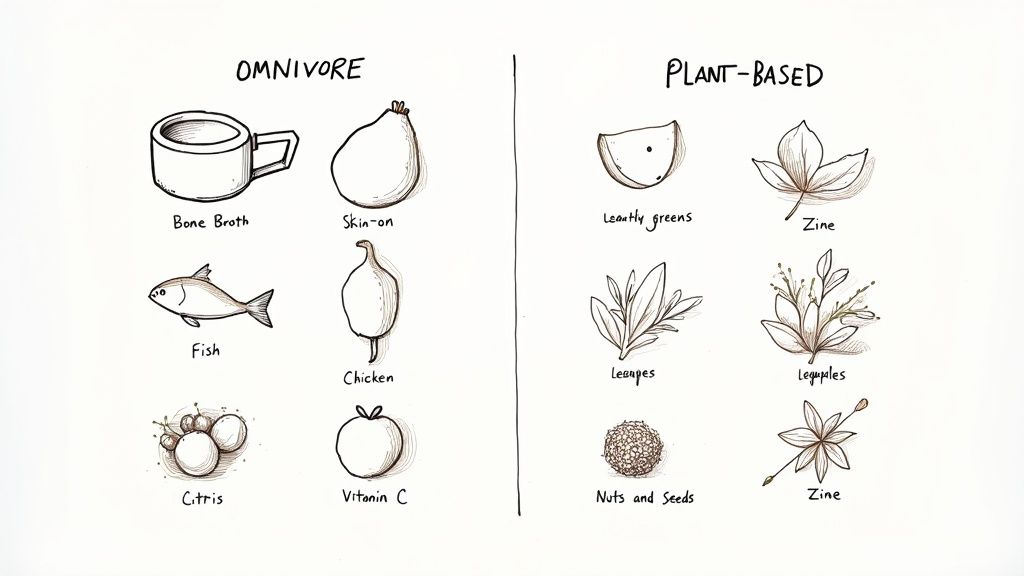 A vibrant spread of fresh fruits, vegetables, and lean proteins arranged on a kitchen counter, representing a collagen-boosting grocery list.